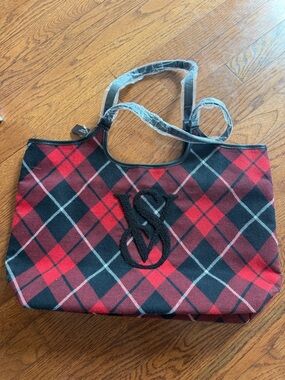 Victoria's Secret Red & Black Plaid Tote with Monogram